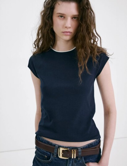Mango Cotton T Shirt With Contrast Piping Navy L Mango Cotton T Shirt With Contrast Piping Navy L