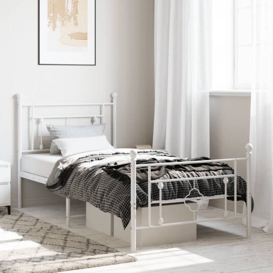 vidaXL Sengeramme i metall med hode- og fotgavl hvit 100x200 cm 8721012249349