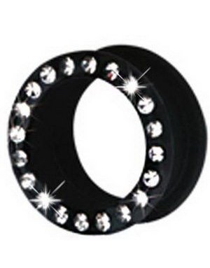 Silikon Piercing Tunnel i Svart med Klare Stener Strl 26 mm