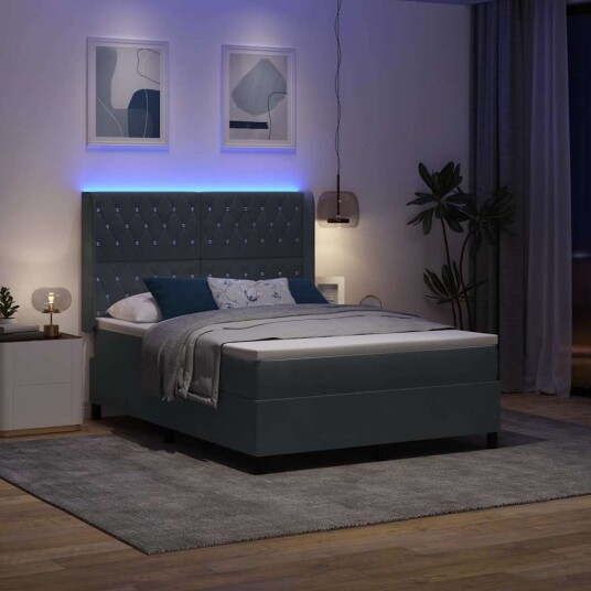 Box Spring Seng med Madrass & LED Mørkegrå 160x200 cm Fløyel Box Spring Seng med Madrass & LED Mørkegrå 160x200 cm Fløyel