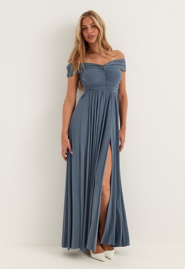 Goddiva Bardot Rouched Maxi Split Dress Goddiva Bardot Rouched Maxi Split Dress