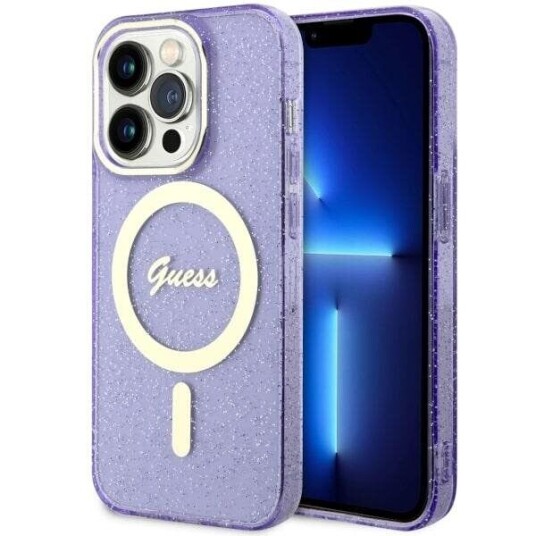 Guess Hardt Deksel til iPhone 14 Pro 6,1" Lilla med Glitter Gold og MagSafe