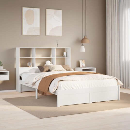 Seng med bokhylle uten madrass hvit 120x190 cm heltre furu