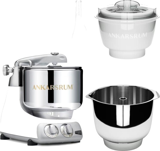 Ankarsrum Assistent Original AKM 6230 kjøkkenmaskin med iskremtilbehør og ekstra vispeskål glossy white