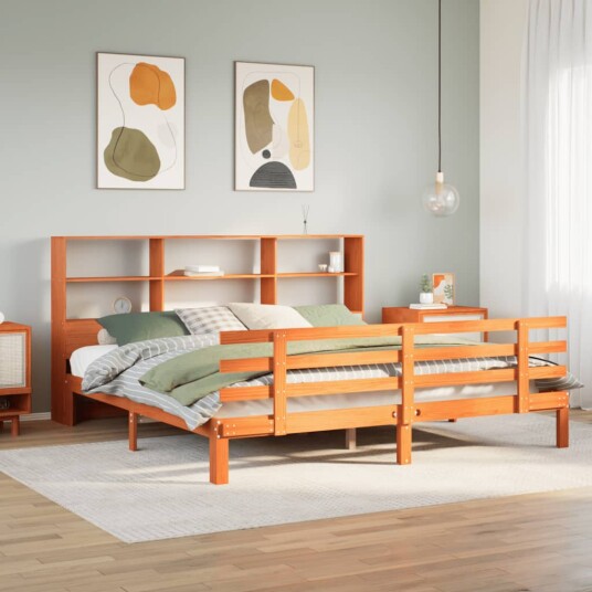 Seng med bokhylle uten madrass voksbrun 180x200 cm heltre furu 8721158615657