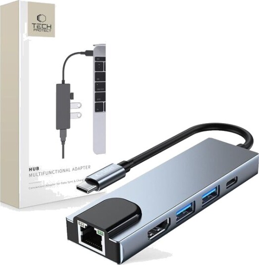 HUB Tech Protect V3 5in1 USB C USB A 3.0 USB A 2.0 USB C HDMI RJ45 grå