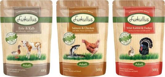 Lukullus Våtfôr Porsjonsposer Naturkost Mixpakke Villkanin & And & Kalv Laks & Kylling Kalkun 6 X 300 G