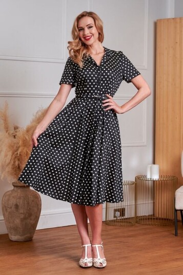 Banned Alternative Rockabilly Middellang kjole Bella Polka Kjole XS til 3XL Damer svart hvit
