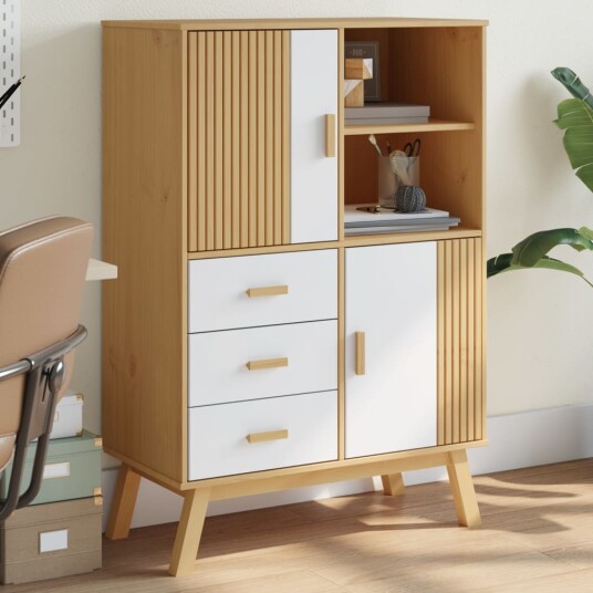 Highboard OLDEN hvit og brun 85x43x125 cm heltre furu 8721012133884