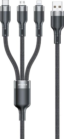 Usb-Kabel Awei Usb-A Til Usb-C + Microusb + Lightning 1,2 M Svart