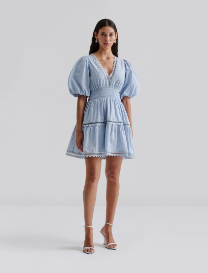 Malina Elvira V Neck Mini Dress   Blue   XS