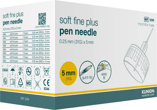 Klinion Soft Fine Plus pennekanyle 0,25 31G x 5 mm 110 stk Klinion Soft Fine Plus pennekanyle 0,25 31G x 5 mm 110 stk