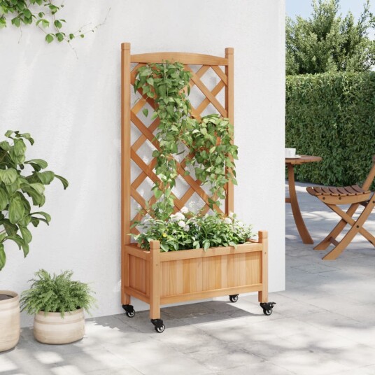 Plantekasse med espalier og hjul brun heltre gran