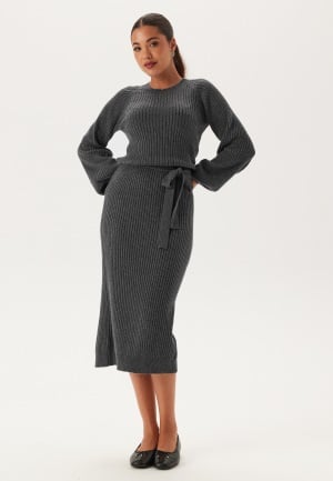 BUBBLEROOM Round Neck Rib Knitted Midi Dress Dark grey melange S