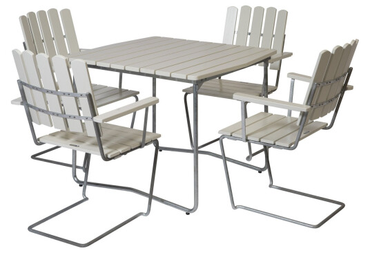 Grythyttan Stålmöbler B31 spisegruppe Hvitlakkert ek/galvanisert stål 4 lenestoler & bord 84 x 92 cm