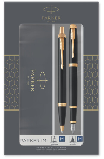 Parker IM Duo Gift Set with Ballpoint Pen & Fountain Pen  Gloss Svart with Gull Trim  Blå Ink Refill & Cartridge  Gift Packaging