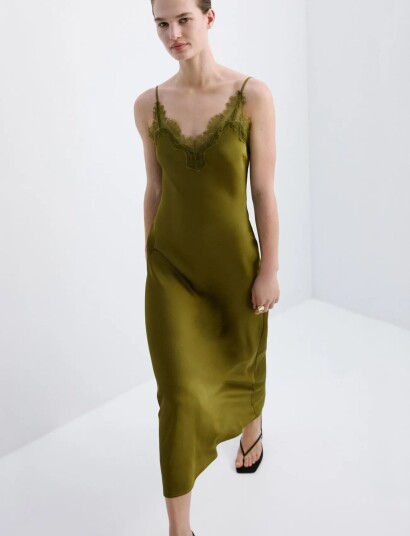 Mango Satin Camisole Dress Green L Mango Satin Camisole Dress Green L