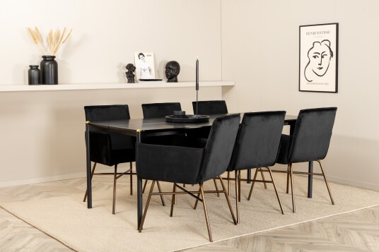 Venture Home Spisegruppe Trym 190 cm inkl. 6 Pipaon Stoler Svart/Kobber