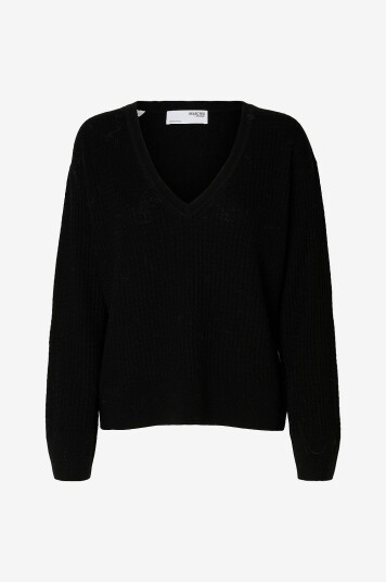 Selected Femme Pullover slfThea Knit Merino Deep V neck Svart