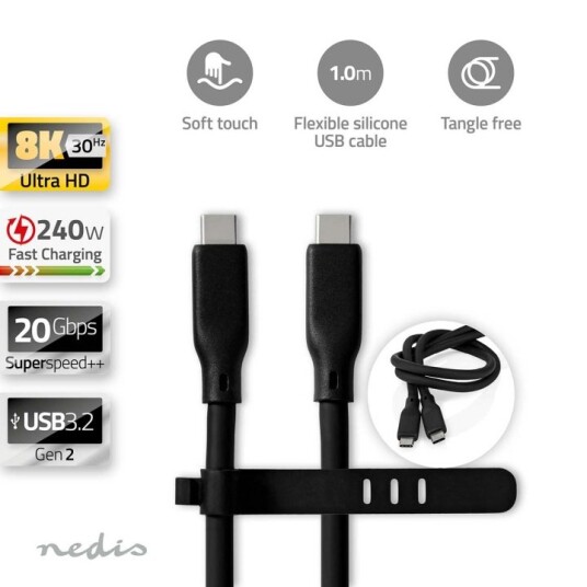 Nedis USB-C 3.2 Gen 2 Kabel 240W 1m 8K Sort Silikon Nedis USB-C 3.2 Gen 2 Kabel 240W 1m 8K Sort Silikon