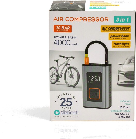 Platinet Kompressor Powerbank Lommelykt PTC22 10 Bar Kompressor, 4000 mah Powerbank (5 w), LED-Lykt Med Sos Funksjon