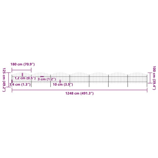 vidaXL Hagegjerde med spydtopp stål 1 1,25x11,9 m svart