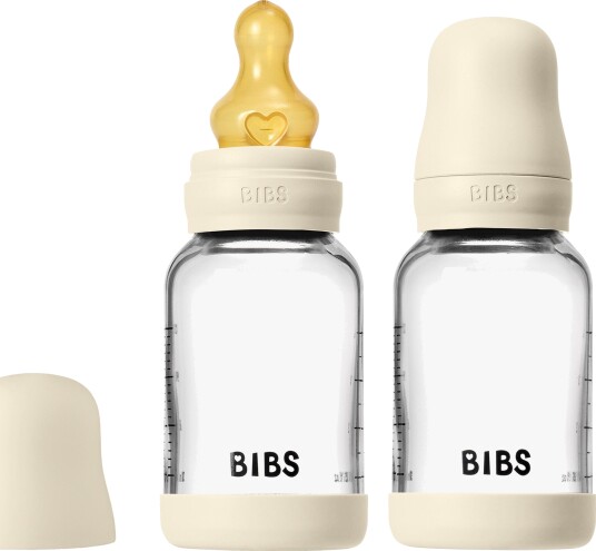 BIBS 120 ml Glass Tåteflaske 2-Pakk med Antikolikk Latex - Ivory