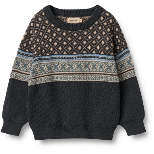 Wheat Navy Jaquard Pullover Julius 5 år/110