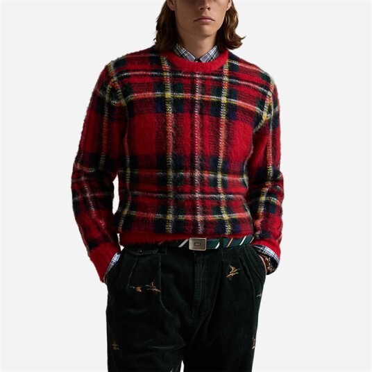 Plaid Wool-Blend Sweater Red Combo Plaid Wool-Blend Sweater Red Combo