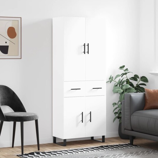 Highboard hvit 69,5x34x180 cm konstruert tre