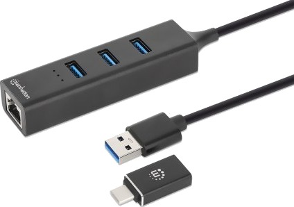 Manhattan 3-Port USB 3.0 Typ-C/A Kombo-Hub + Netzwerkadapter