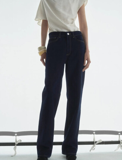 Mango High-Waisted Straight-Fit Rinse-Wash Jeans - Navy - 32