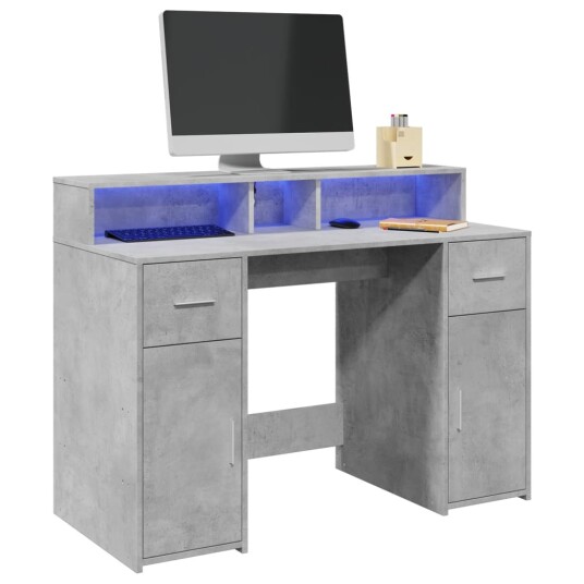 Skrivebord med LED-lys betonggrå 120x55x91 cm konstruert tre