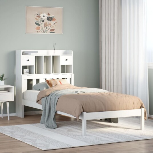 Seng med bokhylle uten madrass hvit 90x200 cm heltre furu