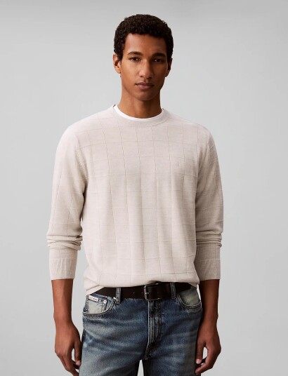 Calvin Klein Ls 100% Merino Textured Grid Cre Cream S