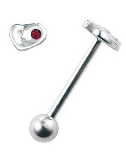 Aab Tungepiercing Hjerteformet Toppkule & Rød Sten Strl 1.6 x 16 med 5 mm kule