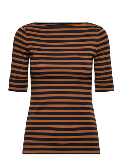 Lauren Ralph Lauren Striped Stretch Cotton Boatneck Tee - Navy - XS
