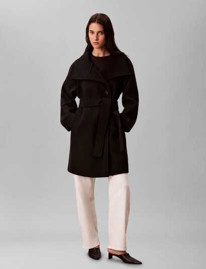 Calvin Klein Funnel Neck Knee Length Wool Coa Black L