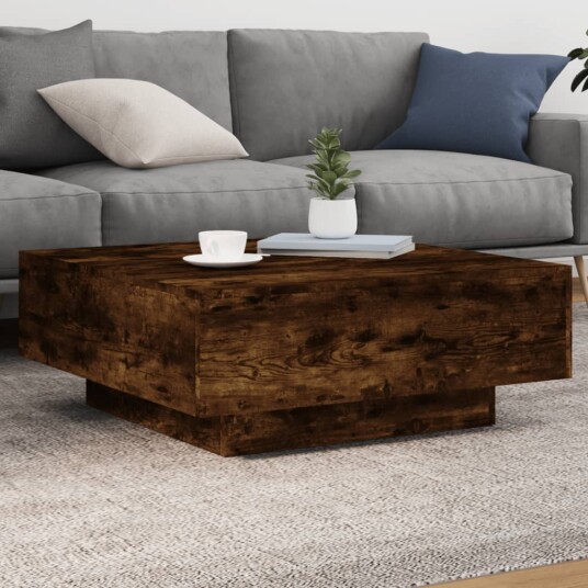 Salongbord med LED-lys røkt eik 80x80x31 cm 836592