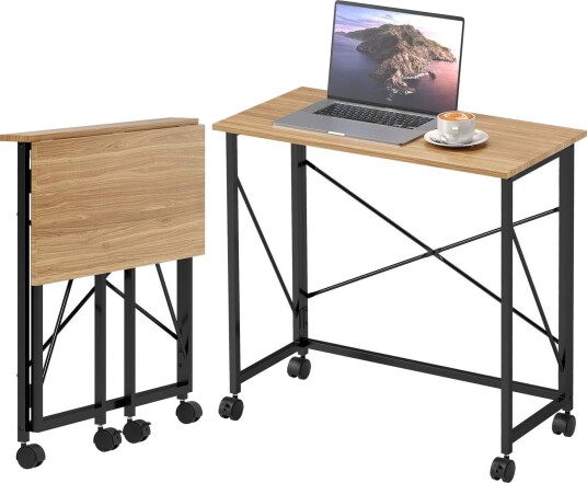 Sammenleggbar skrivebord med hjul plassbesparende stål MDF eik