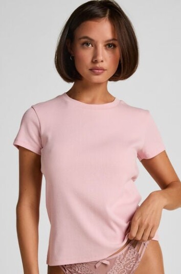Hunkemöller Ribbed Crew Neck Short Sleeved Pyjama Top Rosa