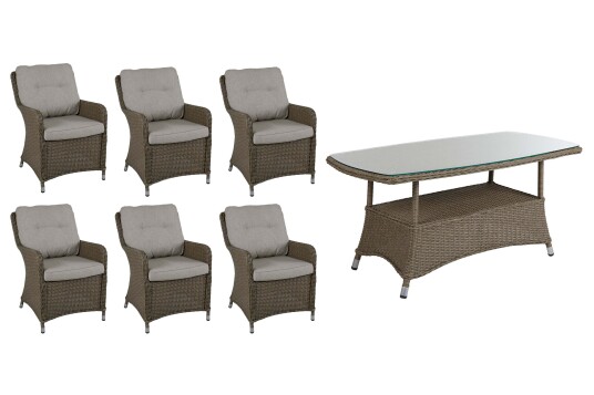 Brafab Hornbrook spisegruppe 6 matstoler & spisebord 150 cm Beige med sand pute