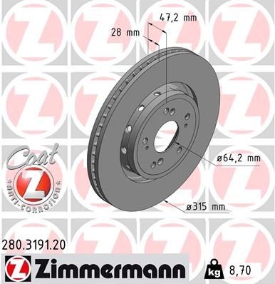 Bremseskive ZIMMERMANN 280.3191.20 Bremseskive ZIMMERMANN 280.3191.20