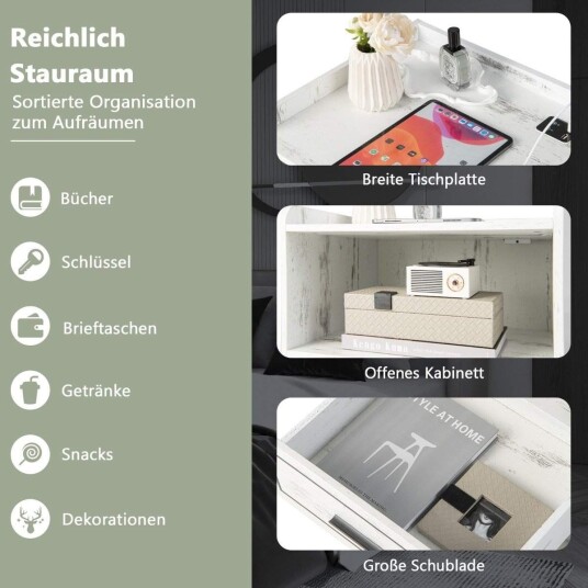 LED nattbord Intelligent nattbord med 2 USB porter Hvit
