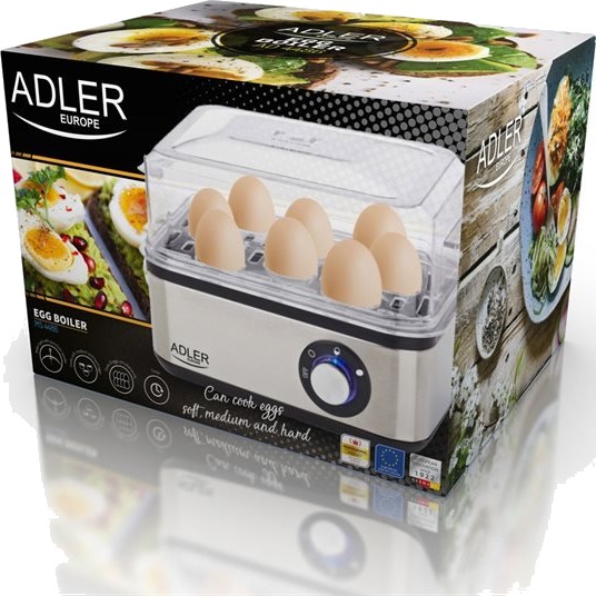 Adler AD 4486 Eggkoker for 8 egg med Automatisk Avstenging og 800 W Effekt, Sort/Satin Stål
