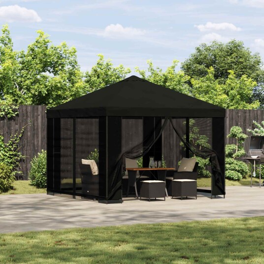 Hagepaviljong med sidevegger 3 x 3 m Svart Polyester og stål