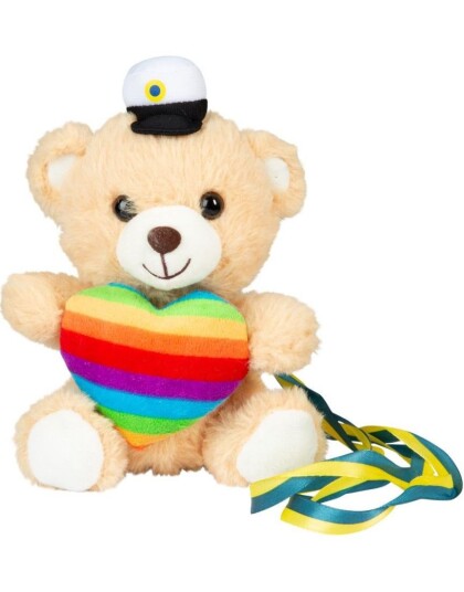 Grattis til Studenten Sittende Lysebrun Teddybjørn med Regnbuehjerte Gult og Blått Bånd og Lue 17 cm