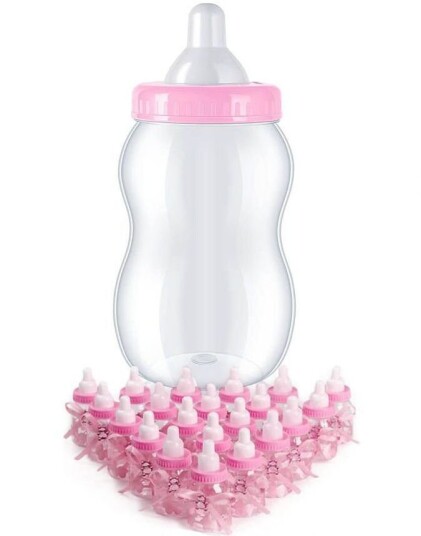 Stor Baby Rosa Tåteflaske m/ 30 Små Tåteflasker Gjestegaver/Pynt