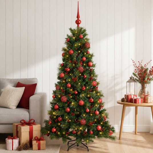 vidaXL Kunstig juletre med julekuler 120 cm 150 LED-lys Varmhvit