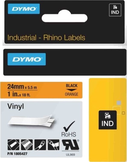 Dymo Originalt Bånd Trykkfarge: Svart/Bakgrunnsfarge: Oransje Dymo 1805427 24Mm X 5,5 M Vinyl Fleksibelt/Sterkt Lim Motstandsdyktig Mot Kjemikalier Vann Og Oljer. Den Tåler Temperaturer Fra  18 Til 90 Grader
